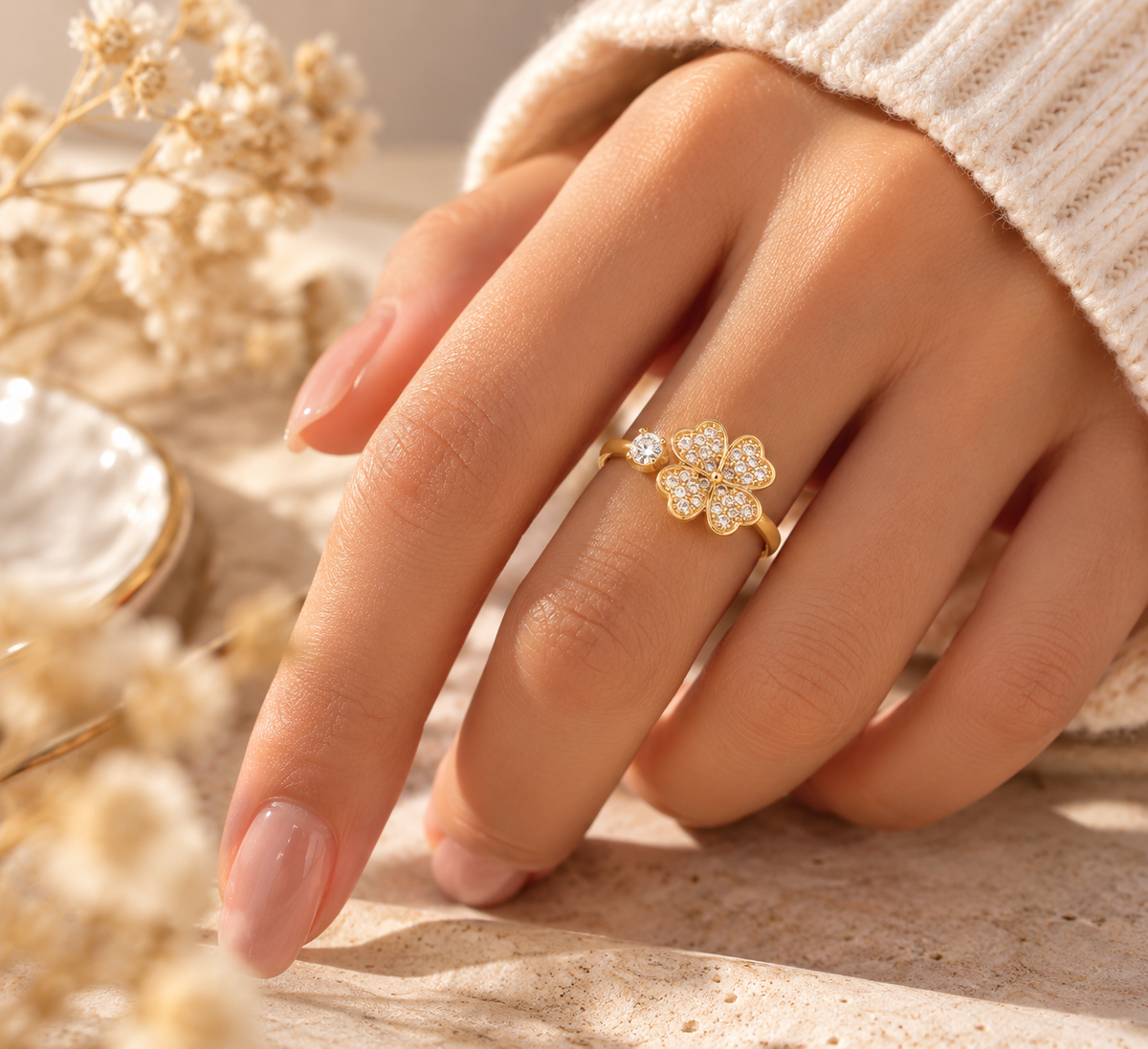 Bague Trèfle Éclat – Rotative & Ajustable